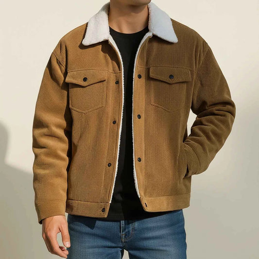 Men's Vintage Corduroy Sherpa Lined Collar Winter Jacket Brown