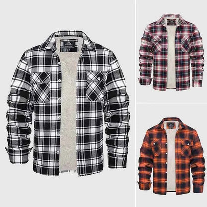 Men's Sherpa Jacket Plaid Pockets Orange Winter Green