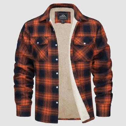 Men's Sherpa Jacket Plaid Pockets Orange Winter Green Red