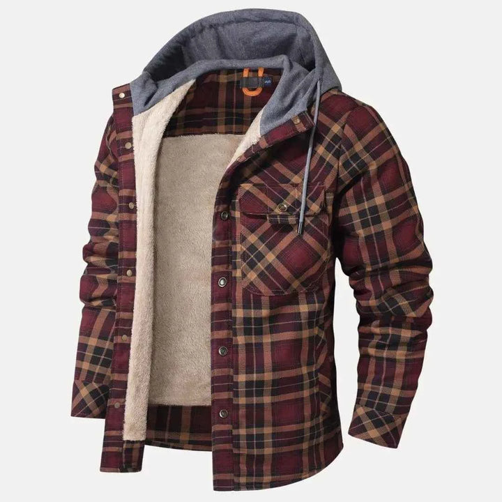 Men's Sherpa-Lined Plaid Padded Jacket Red Wine