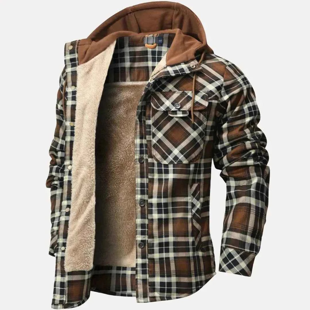 Men's Sherpa-Lined Plaid Padded Jacket Brown