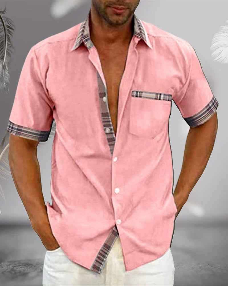 Men's Short Sleeve Casual Shirt – Regular Fit – Breathable Checked Design Pink