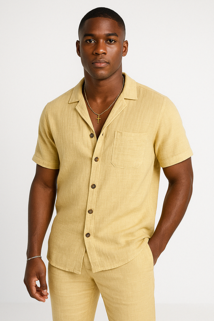 Men's Short Sleeve Casual Shirt – Relaxed Fit – Breathable Fabric Apricot