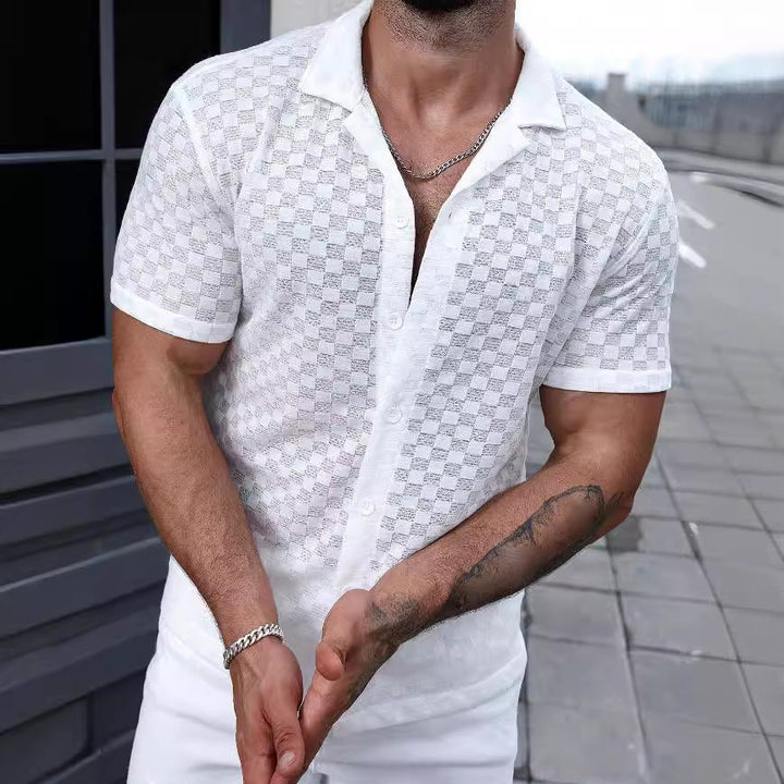 Men's Short Sleeve Knitted Shirt – Relaxed Fit with Button Closure and Lace Detail