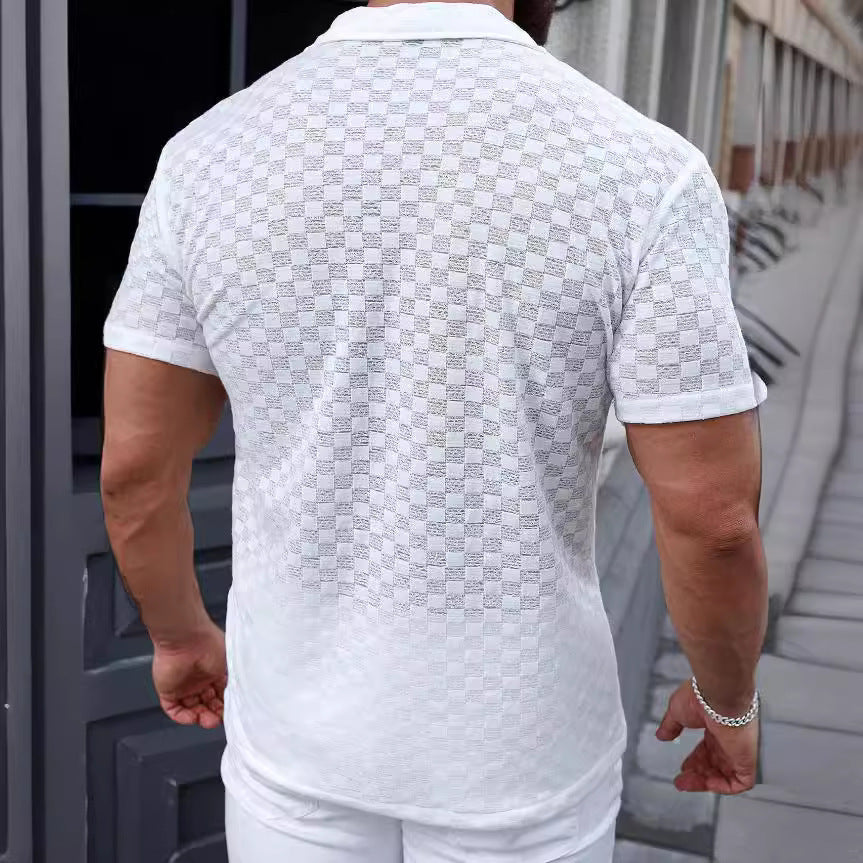 Men's Short Sleeve Knitted Shirt – Relaxed Fit with Button Closure and Lace Detail