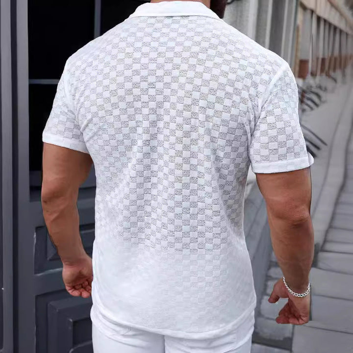 Men's Short Sleeve Knitted Shirt – Relaxed Fit with Button Closure and Lace Detail