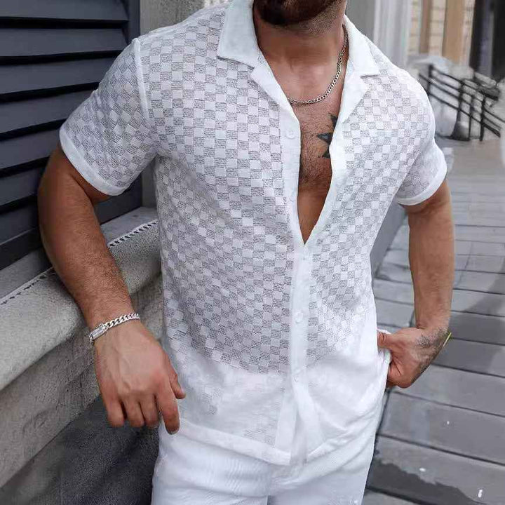 Men's Short Sleeve Knitted Shirt – Relaxed Fit with Button Closure and Lace Detail White