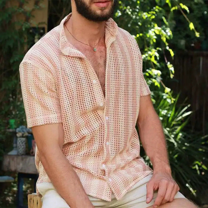 Men's Short Sleeve Mesh Shirt – Relaxed Fit – Breathable Fabric – Button Closure Pink