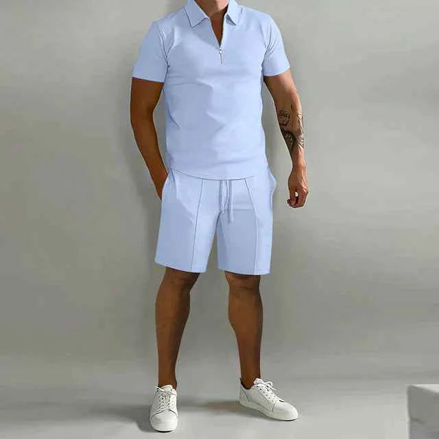Men's Short Sleeve Polo Shirt – Regular Fit – Breathable Zip Collar Casual Light Blue