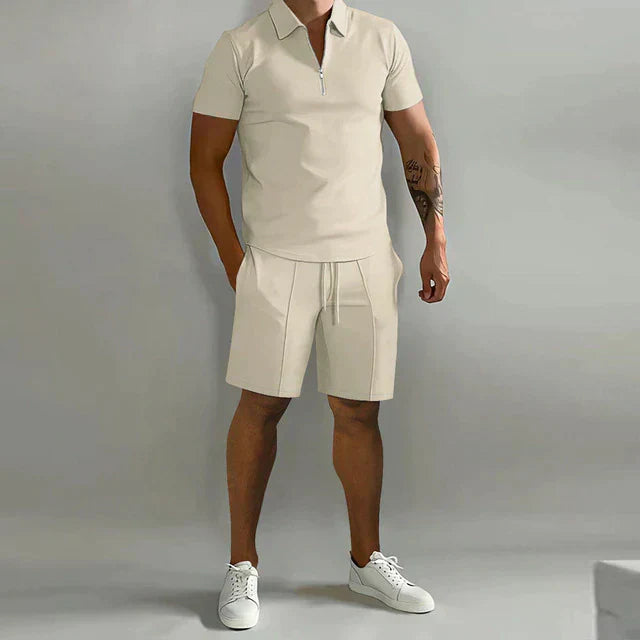 Men's Short Sleeve Polo Shirt – Regular Fit – Breathable Zip Collar Casual Khaki