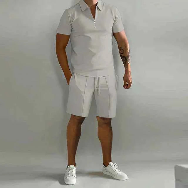 Men's Short Sleeve Polo Shirt – Regular Fit – Breathable Zip Collar Casual Grey