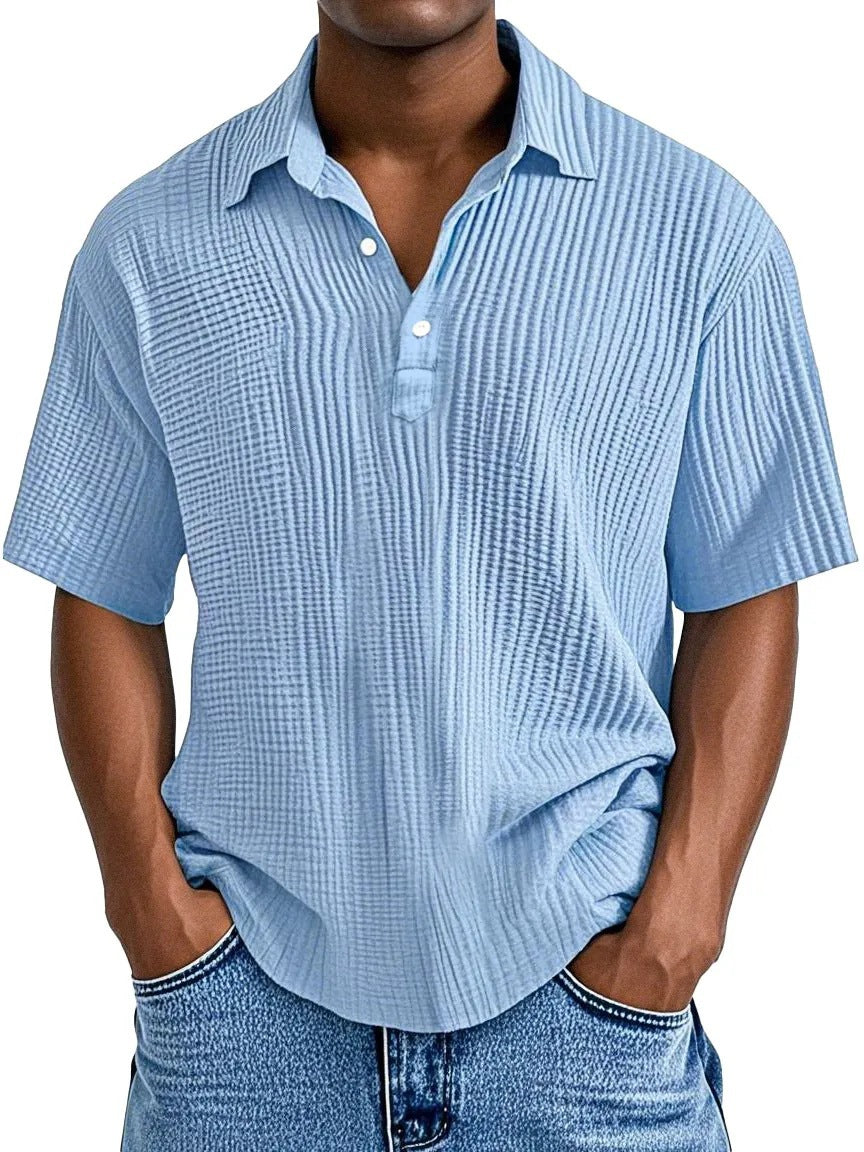 Men's Short Sleeve Relaxed Fit Shirt – Crinkle Texture – Breathable Fabric Sky Blue