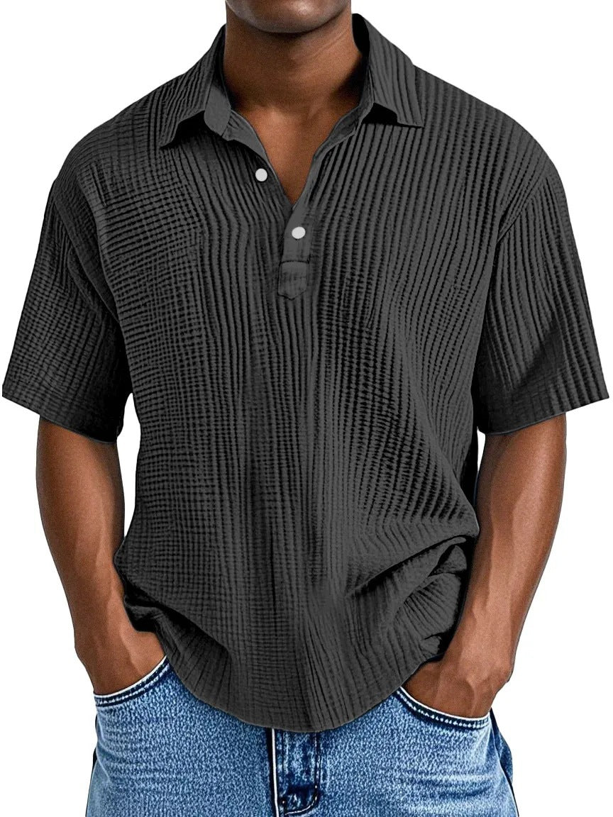 Men's Short Sleeve Relaxed Fit Shirt – Crinkle Texture – Breathable Fabric Black