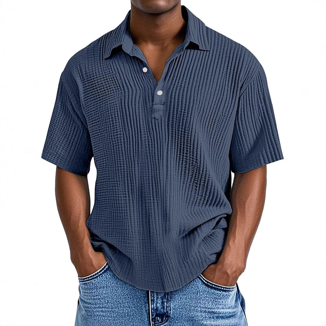 Men's Short Sleeve Relaxed Fit Shirt – Crinkle Texture – Breathable Fabric Navy Blue