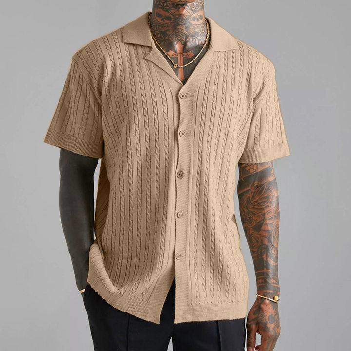 Men's Short Sleeve Relaxed Fit Shirt – Soft Cable Knit Casual Style Silver Grey