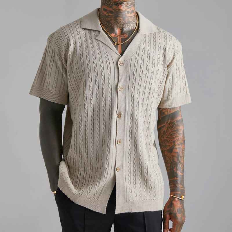 Men's Short Sleeve Relaxed Fit Shirt – Soft Cable Knit Casual Style Khaki