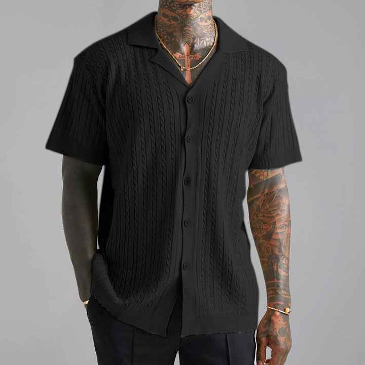 Men's Short Sleeve Relaxed Fit Shirt – Soft Cable Knit Casual Style Black