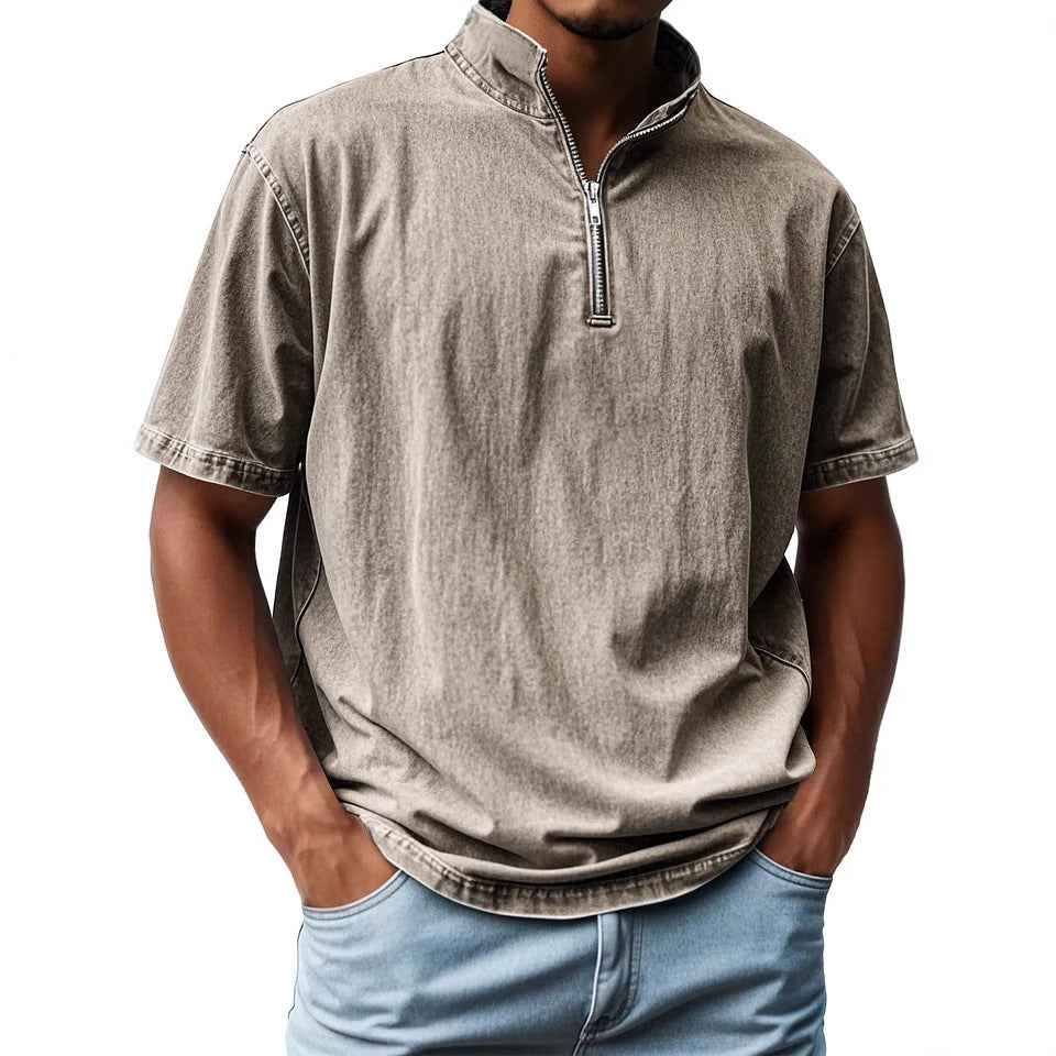 Men's Short Sleeve Relaxed Fit Shirt with Stand-Up Collar and Zip Fastening - Breathable Design Khaki