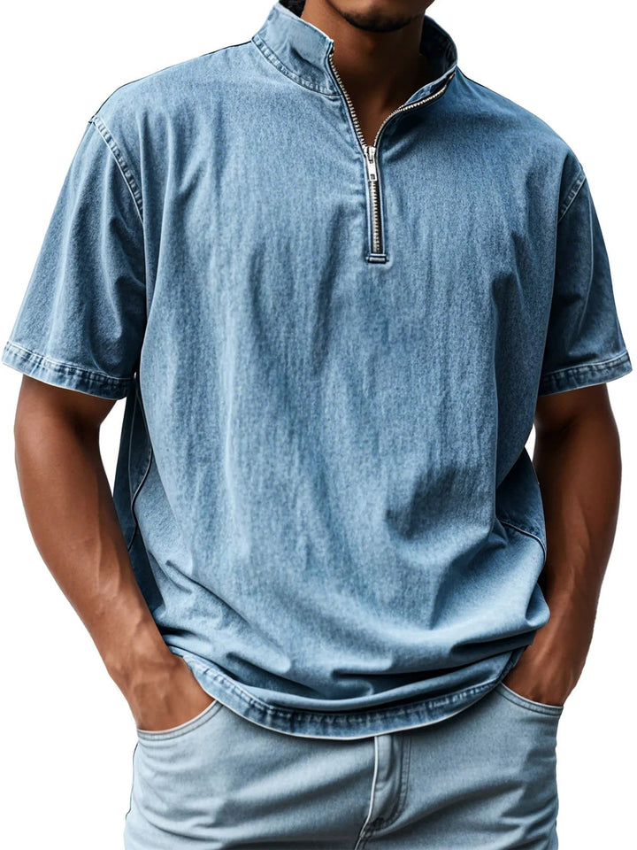 Men's Short Sleeve Relaxed Fit Shirt with Stand-Up Collar and Zip Fastening - Breathable Design Blue