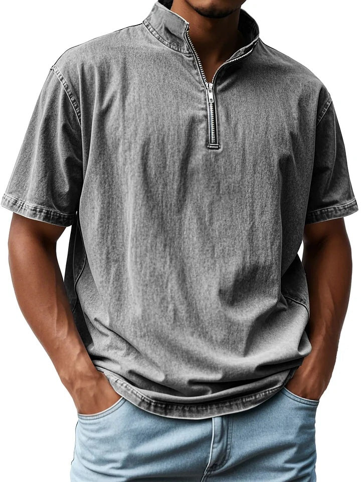 Men's Short Sleeve Relaxed Fit Shirt with Stand-Up Collar and Zip Fastening - Breathable Design Grey