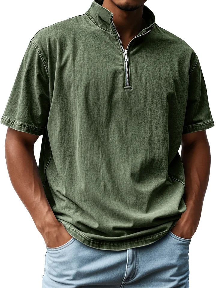 Men's Short Sleeve Relaxed Fit Shirt with Stand-Up Collar and Zip Fastening - Breathable Design Army Green