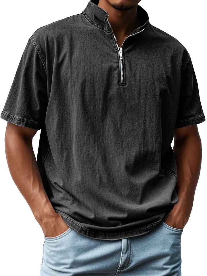 Men's Short Sleeve Relaxed Fit Shirt with Stand-Up Collar and Zip Fastening - Breathable Design Black