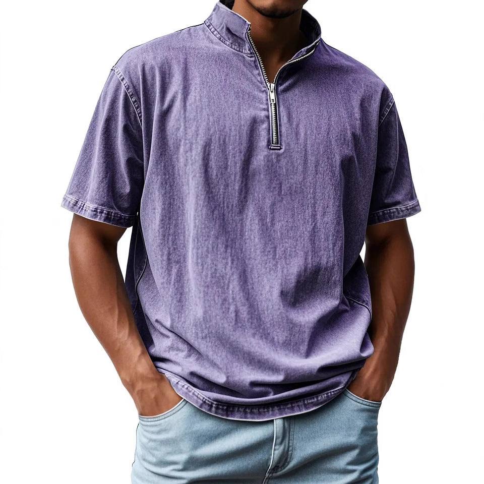 Men's Short Sleeve Relaxed Fit Shirt with Stand-Up Collar and Zip Fastening - Breathable Design Purple