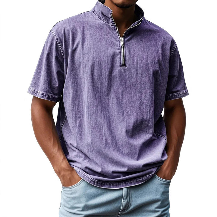 Men's Short Sleeve Relaxed Fit Shirt with Stand-Up Collar and Zip Fastening - Breathable Design Purple