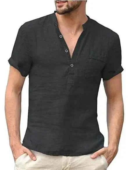 Men's Short Sleeve Shirt – Regular Fit – Band Collar – Chest Pocket – Natural Fibers Black
