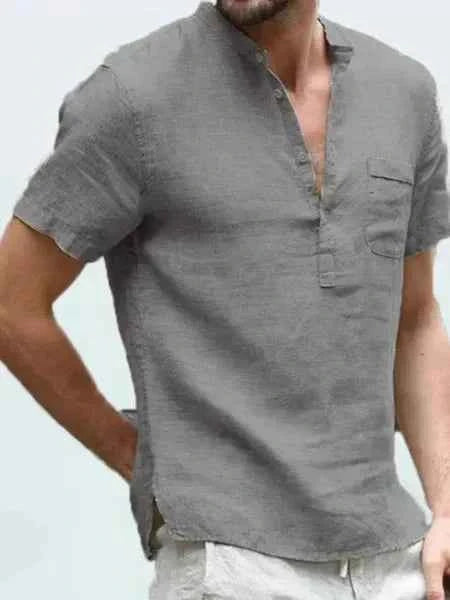 Men's Short Sleeve Shirt – Regular Fit – Band Collar – Chest Pocket – Natural Fibers Grey