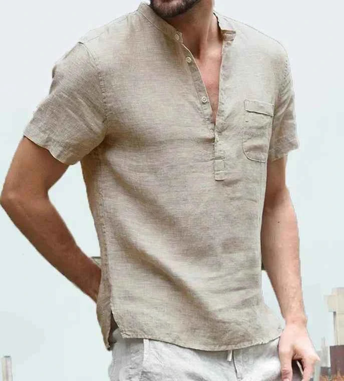 Men's Short Sleeve Shirt – Regular Fit – Band Collar – Chest Pocket – Natural Fibers Beige