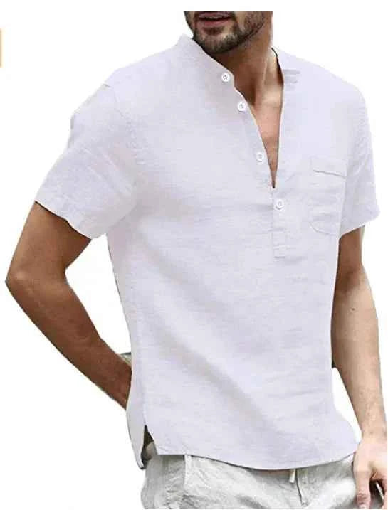 Men's Short Sleeve Shirt – Regular Fit – Band Collar – Chest Pocket – Natural Fibers White