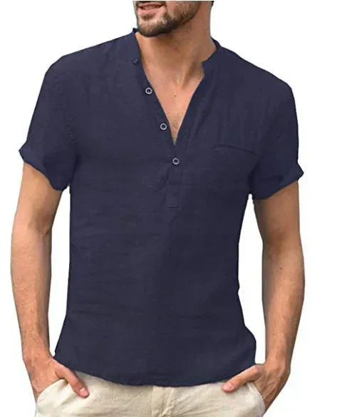 Men's Short Sleeve Shirt – Regular Fit – Band Collar – Chest Pocket – Natural Fibers Navy Blue