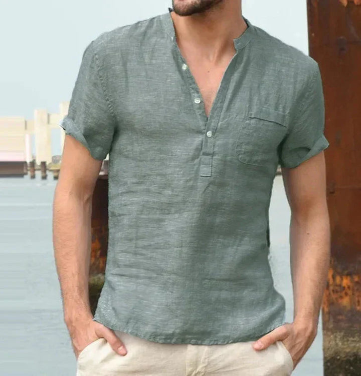 Men's Short Sleeve Shirt – Regular Fit – Band Collar – Chest Pocket – Natural Fibers Green