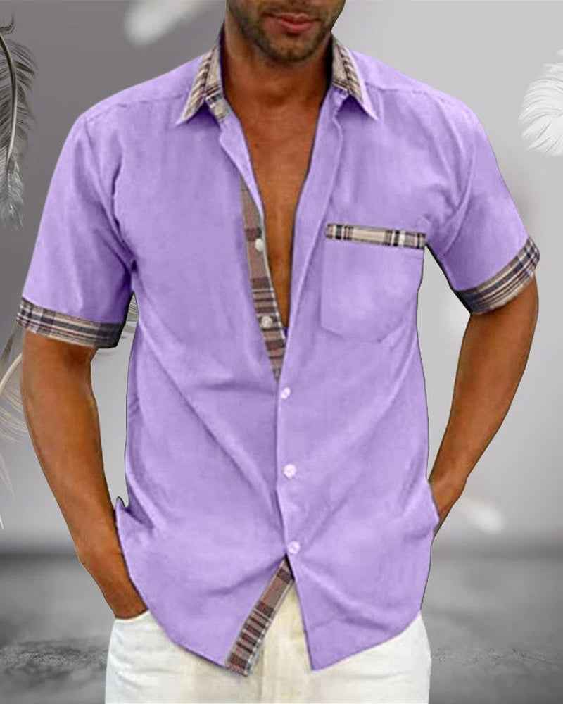 Men's Short Sleeve Shirt – Regular Fit – Breathable Fabric – Check Pattern Purple