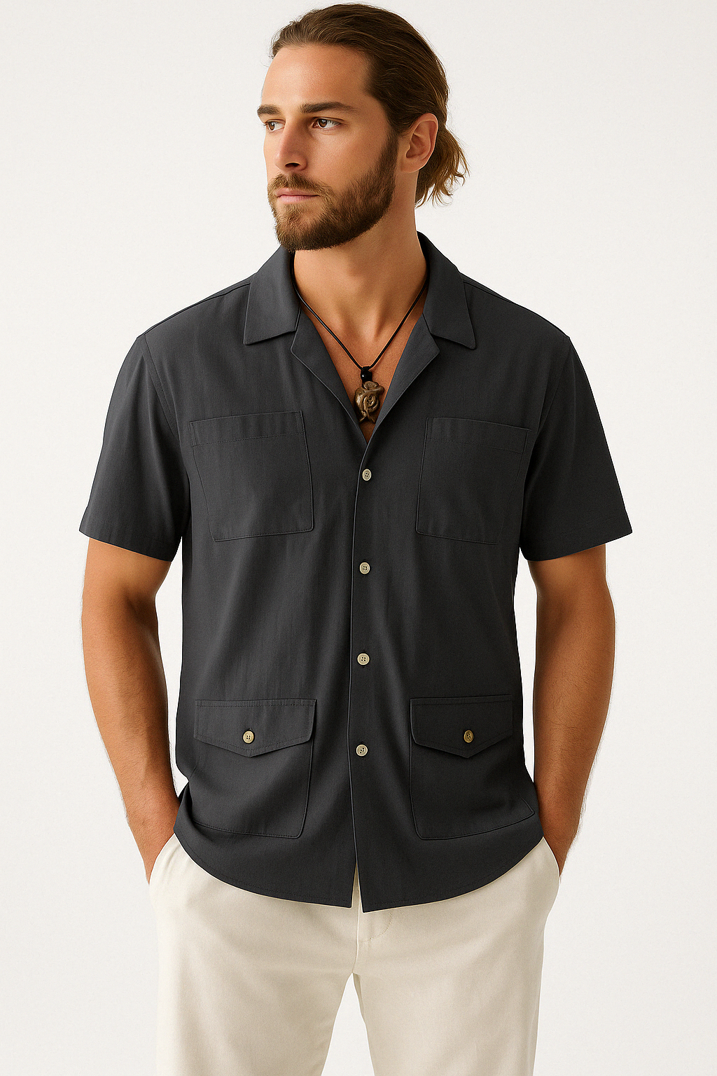 Men's Short Sleeve Shirt – Relaxed Fit – Breathable Fabric – Notch Collar – 4 Pockets Black