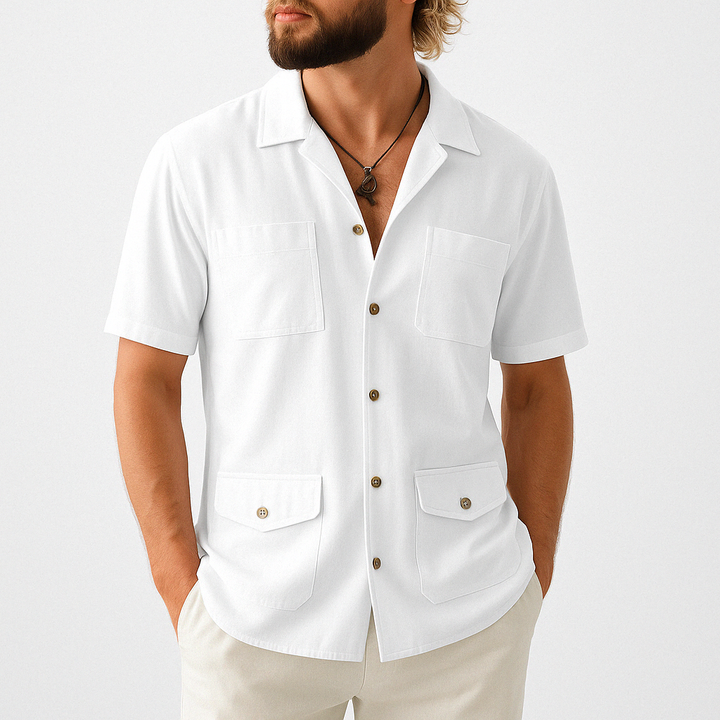 Men's Short Sleeve Shirt – Relaxed Fit – Breathable Fabric – Notch Collar – 4 Pockets White