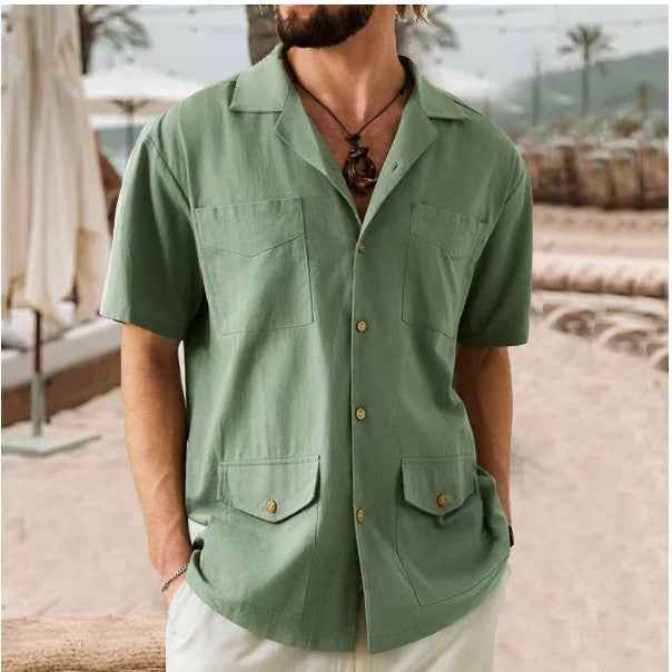 Men's Short Sleeve Shirt – Relaxed Fit – Breathable Fabric – Notch Collar – 4 Pockets