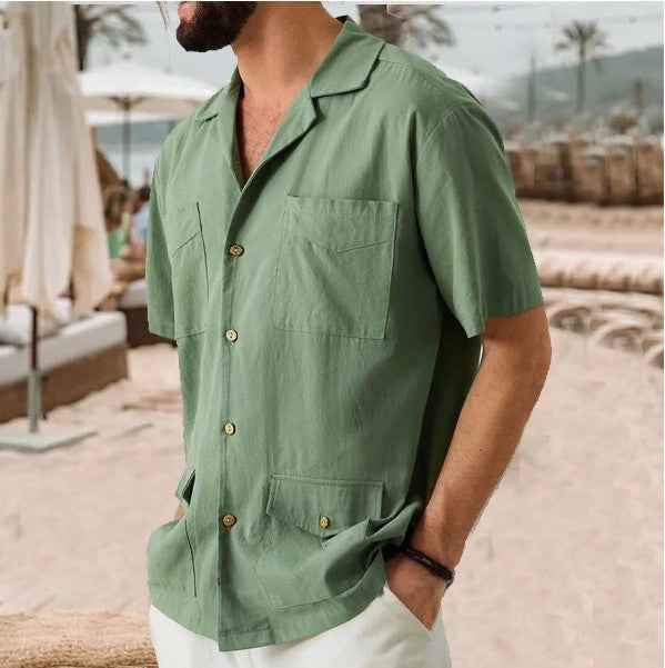 Men's Short Sleeve Shirt – Relaxed Fit – Breathable Fabric – Notch Collar – 4 Pockets
