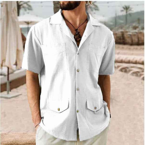 Men's Short Sleeve Shirt – Relaxed Fit – Breathable Fabric – Notch Collar – 4 Pockets