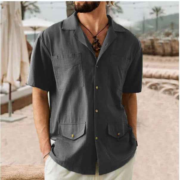 Men's Short Sleeve Shirt – Relaxed Fit – Breathable Fabric – Notch Collar – 4 Pockets