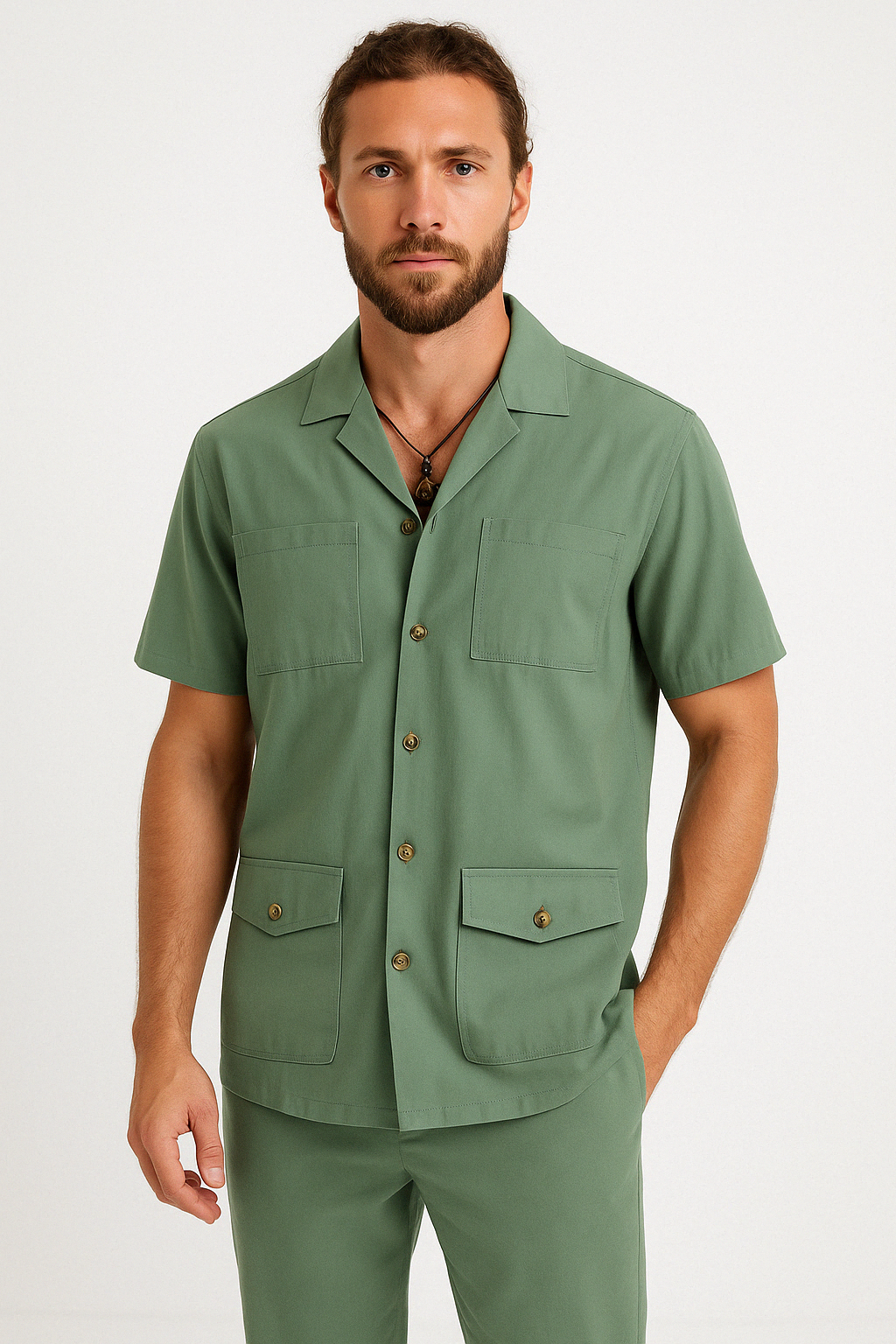 Men's Short Sleeve Shirt – Relaxed Fit – Breathable Fabric – Notch Collar – 4 Pockets Army Green