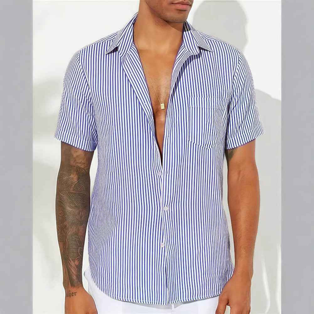 Men's Short Sleeve Shirt – Relaxed Fit – Breathable Vertical Stripes Royal Blue