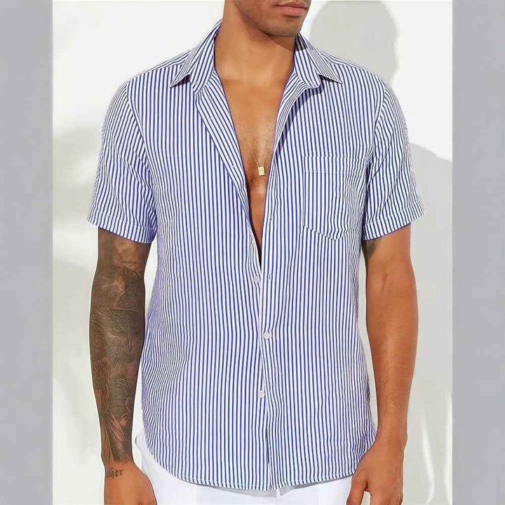 Men's Short Sleeve Shirt – Relaxed Fit – Breathable Vertical Stripes Royal Blue