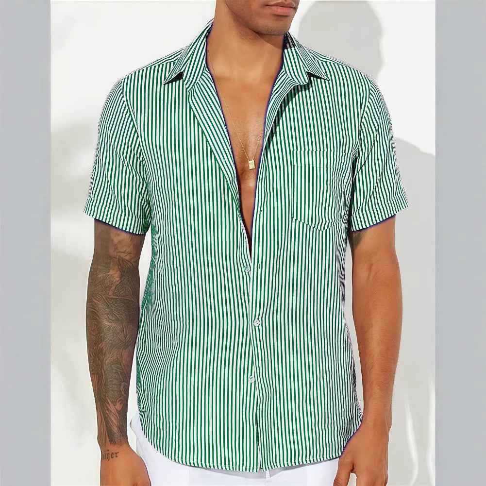 Men's Short Sleeve Shirt – Relaxed Fit – Breathable Vertical Stripes Green