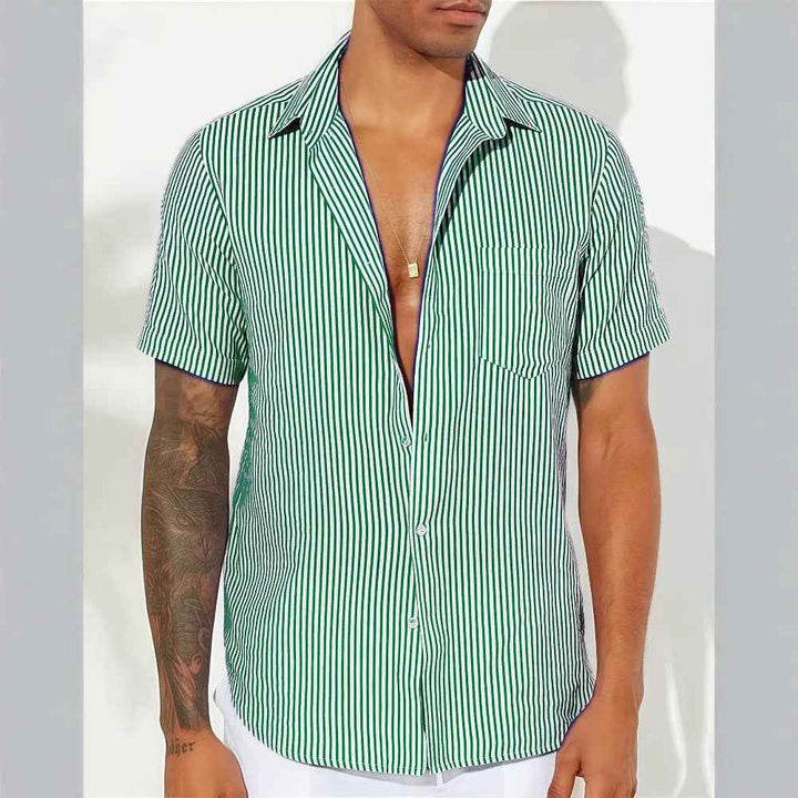 Men's Short Sleeve Shirt – Relaxed Fit – Breathable Vertical Stripes Green