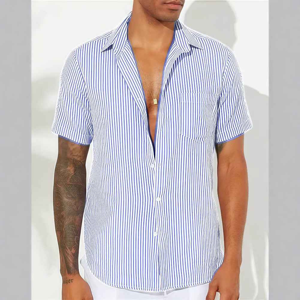 Men's Short Sleeve Shirt – Relaxed Fit – Breathable Vertical Stripes Sky Blue