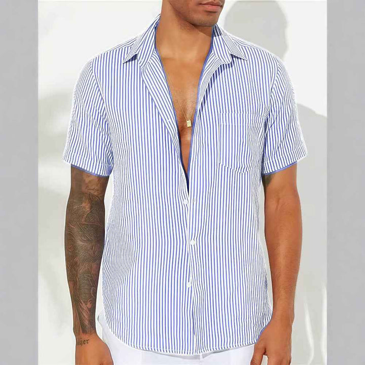 Men's Short Sleeve Shirt – Relaxed Fit – Breathable Vertical Stripes Sky Blue