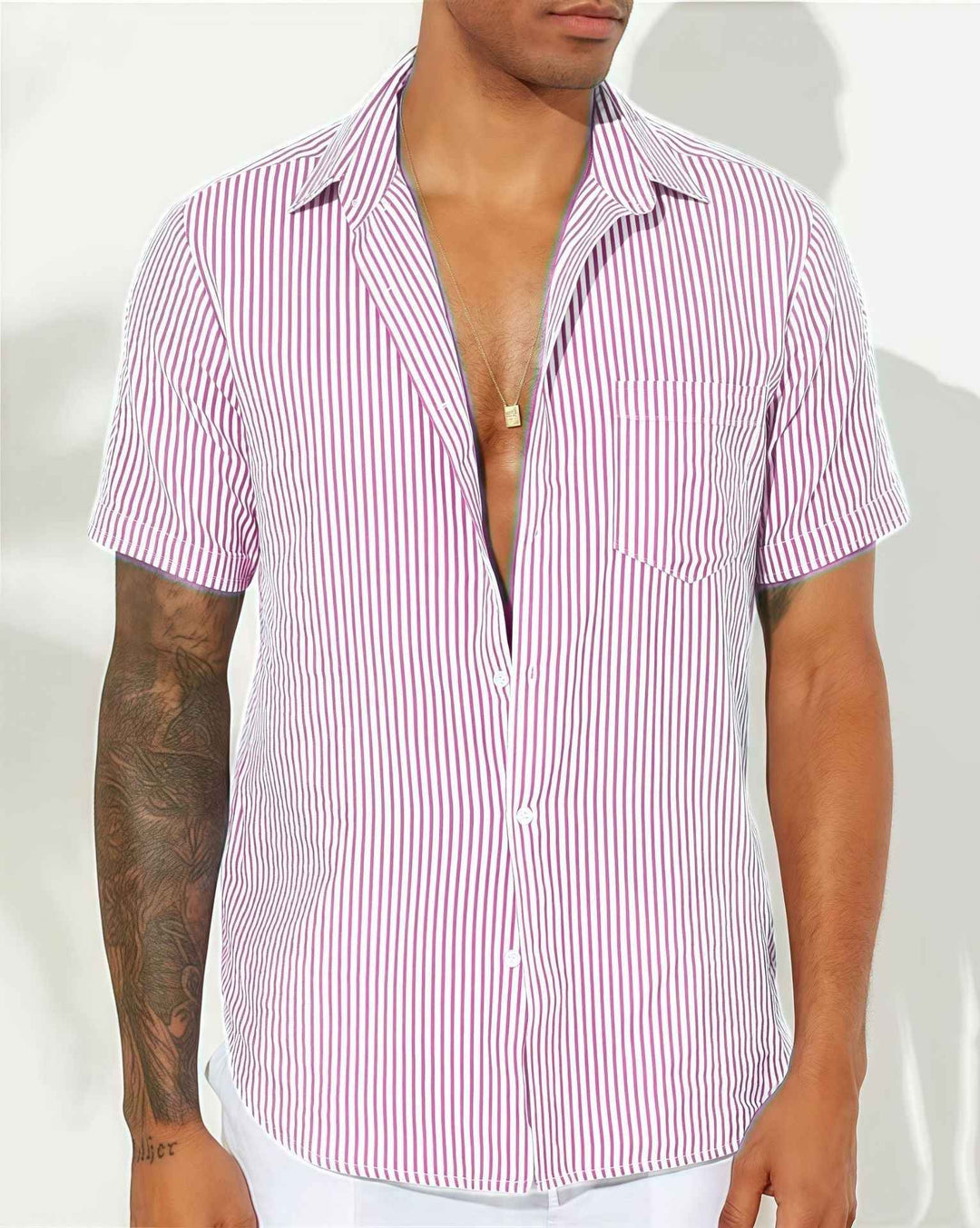 Men's Short Sleeve Shirt – Relaxed Fit – Breathable Vertical Stripes Pink