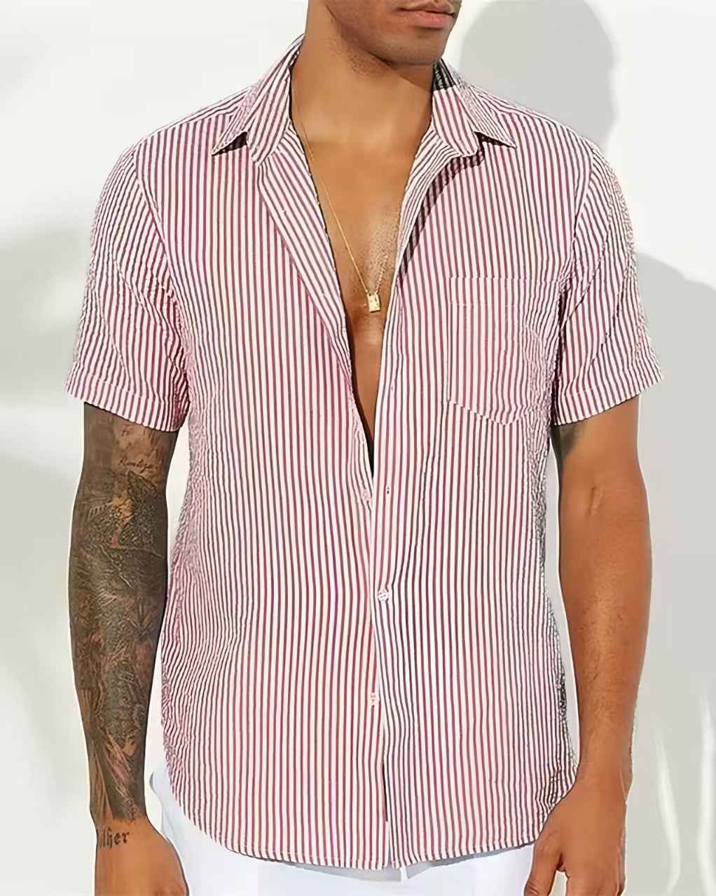 Men's Short Sleeve Shirt – Relaxed Fit – Breathable Vertical Stripes Red